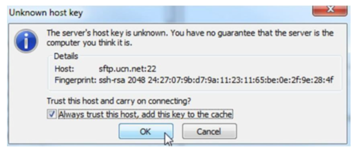 An FTP client message indicating that because the server's host key is unknown, there's no guarantee that the server is the computer you think it is. 