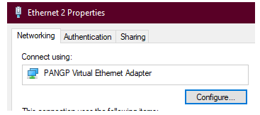 The Properties window for the VPN adapter, showing the Networking tab. The name of the adapter is in the Connect Using field. 