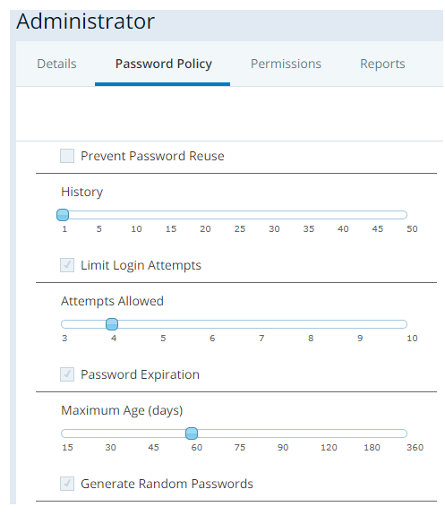 Admin Password Policy Screen