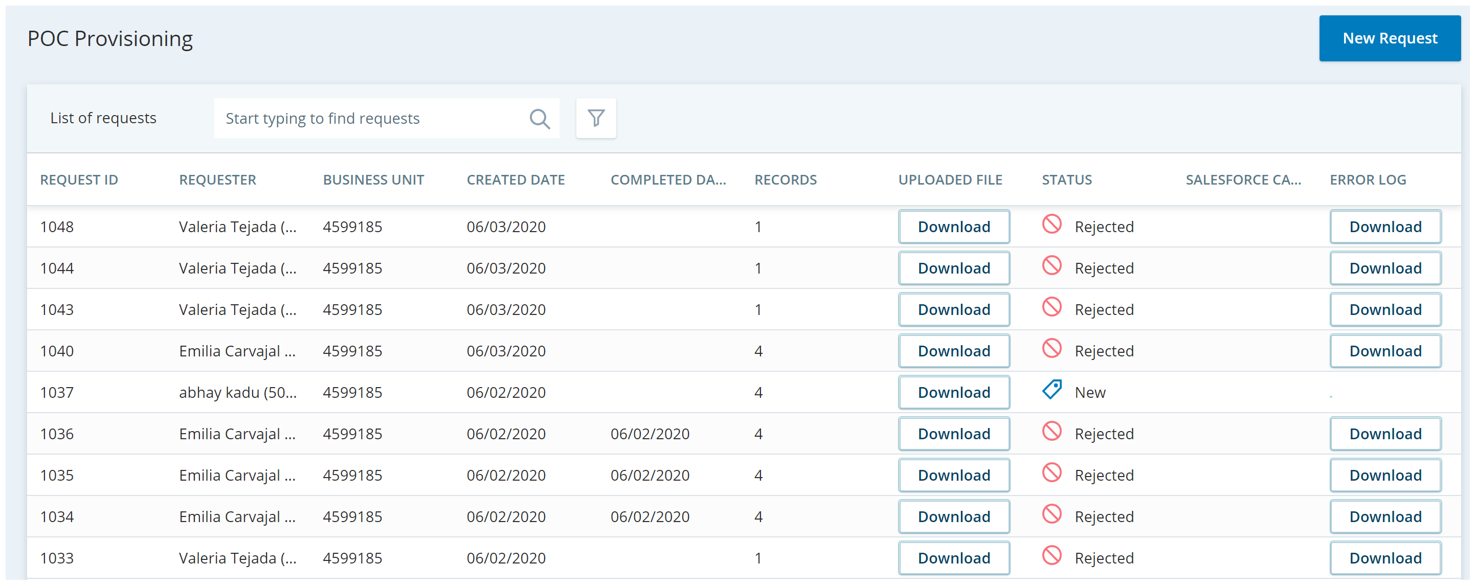 Screenshot of the POC Provisioning list of requests