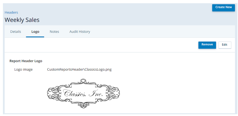 The Custom Report Header page, showing the Logo tab, where you can change the logo that appears in custom headers.