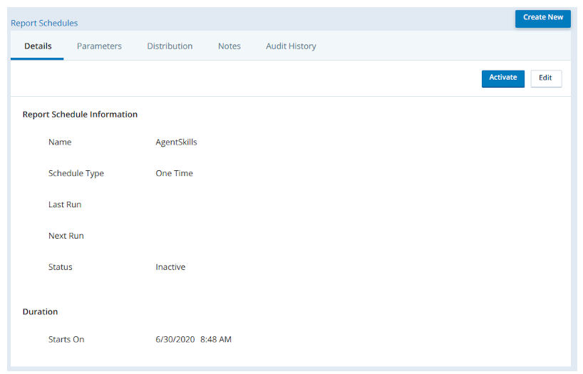 The Report Schedule page, showing the Details tab, where you can see basic information about the report schedule. 