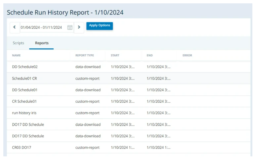 The Schedule Run History report, opened to the Reports tab. Has columns for Name, Report Type, Start, End, and Error.