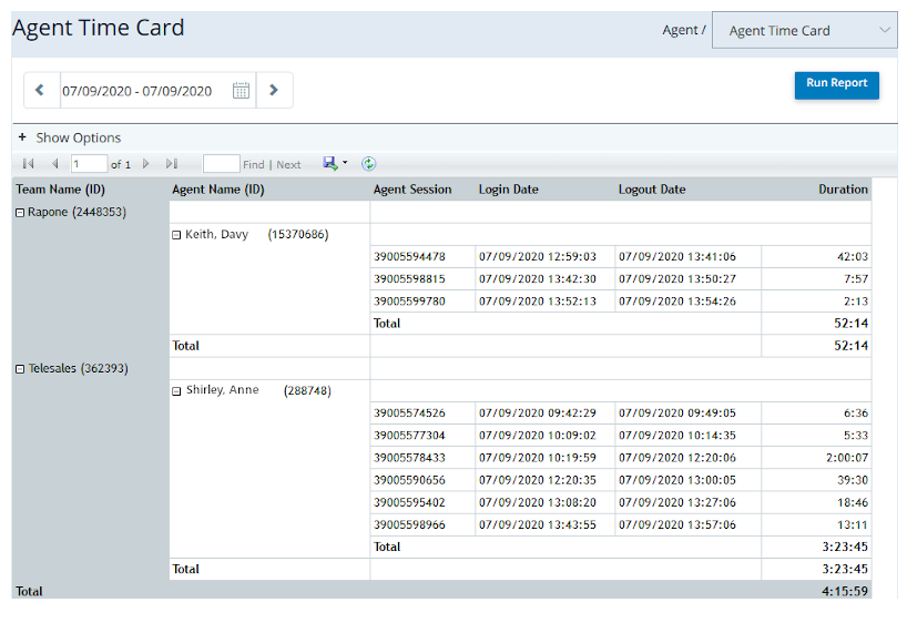 An example of the Agent Timecard report.