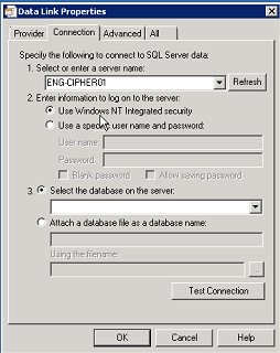 The Data Link Properties window showing the Connection tab.