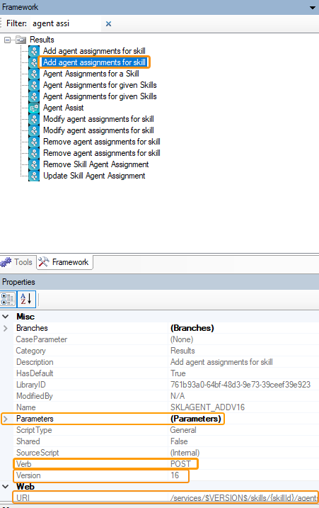An action is selected on the Framework tab and its extended properties are showing on the Properties tab. 