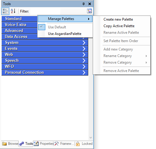 Image of the drop-down options for the Manage Palettes button in the Tools tab of Studio.