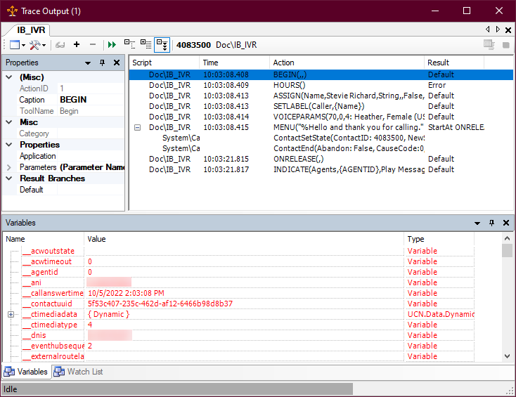 The Trace Output window, showing the actions in the script and the system variables passed into the script on the Variables tab.
