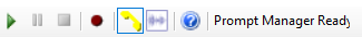 The toolbar in the Prompt Manager, showing the play, record, and stop icons and the Prompt Manager Ready" notification. 