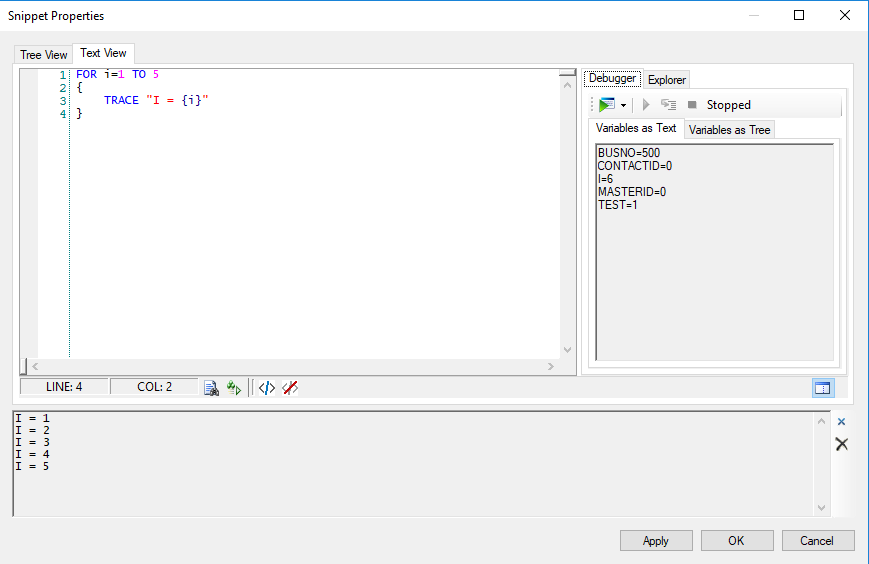 Image of the Snippet Properties window, displaying the different debugging elements.