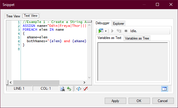The Snippet editor window, showing the Text View tab.