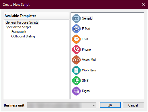 The Create New Script window, with the available script templates on the left side and the script media types on the right side. 