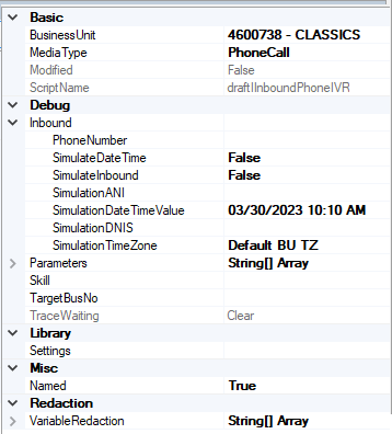Image of the script properties tab, showing the Inbound parameters section.