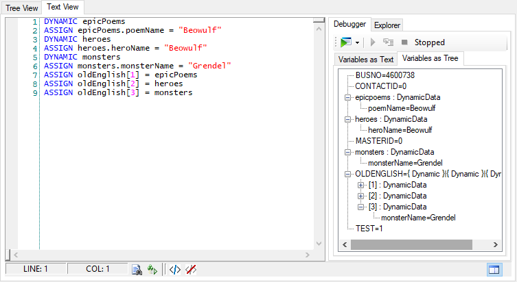 The Snippet editor window in debug mode, showing the contents of objects and arrays on the Variables as Tree tab.