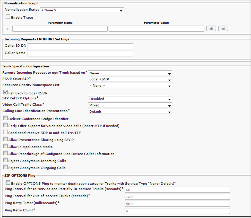 The SIP Profile Information page showing the settings as they should be configured. 