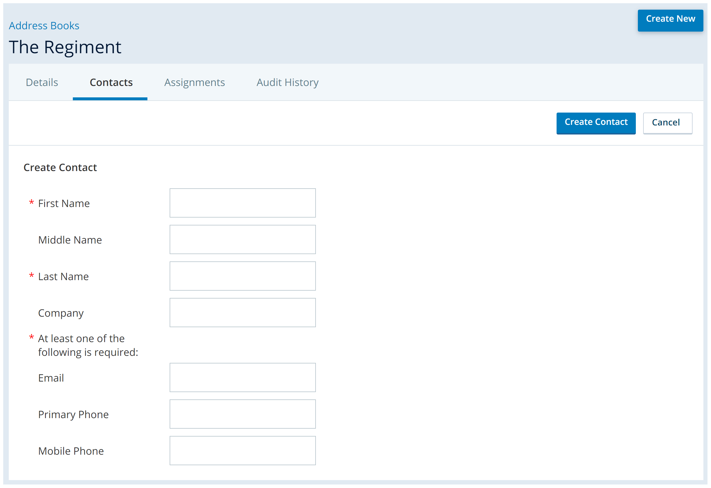 Screenshot of the contacts tab in an address book, where you can manually add a contact