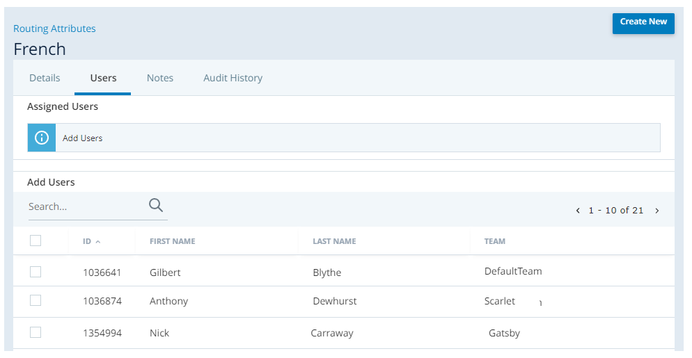 Shows an image of the Routing Attributes tab in a user account. The user has been assigned a routing attribute named French.