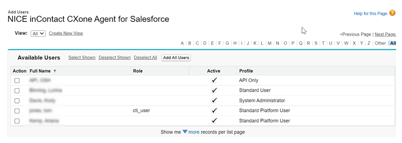 List of users in Manage Licenses for NICE inContact CXone Salesforce Agent.