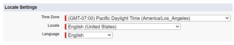 The Locale Settings section of the Users page in Salesforce.