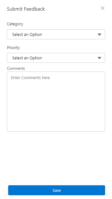 The Submit Feedback window in Salesforce Agent, with drop-downs for Category and Priority, and a Comments text box.