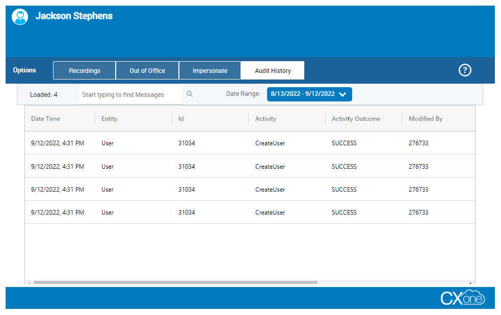 The Audit History tab, from which you can view details about Date Time, Entity, ID, Activity, Activity Outcome, Modified By. 