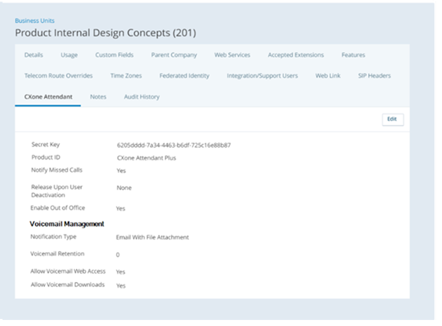 Screenshot of Business Unit CXone Attendant tab