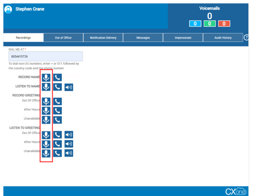 

The Recording tab in CXone Attendant, where you can record or listen to your voicemail name and greeting.