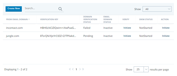 Screenshot of the email domains page, showing the Verify and Verification Key columns
