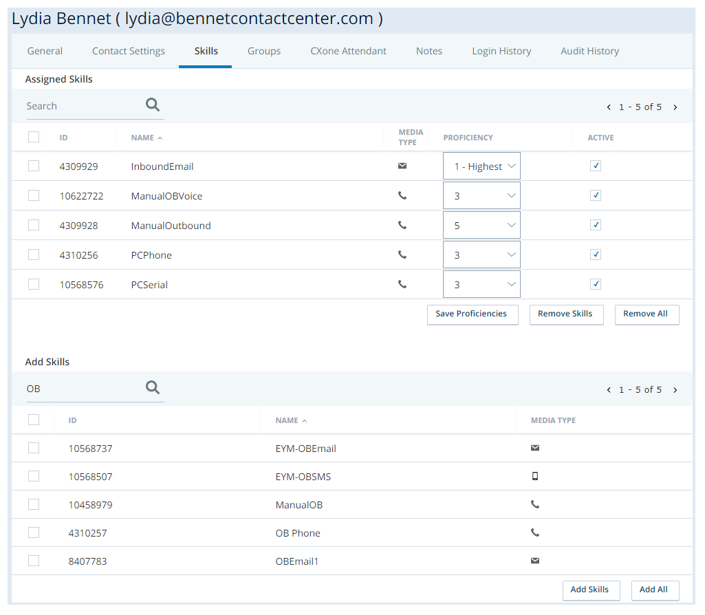 Screenshot of the Skills tab of a user in Central
