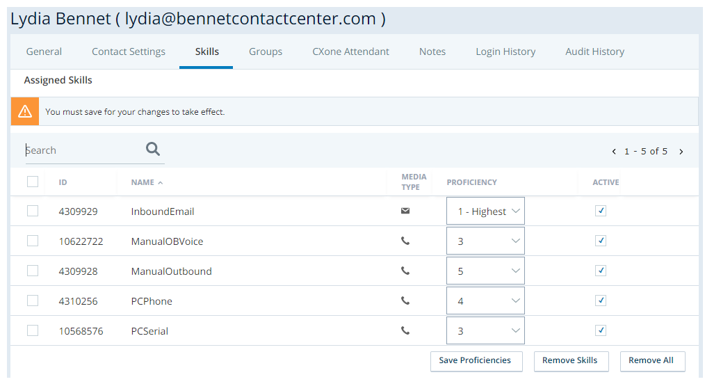 Screenshot of the Skills tab of a user in Central