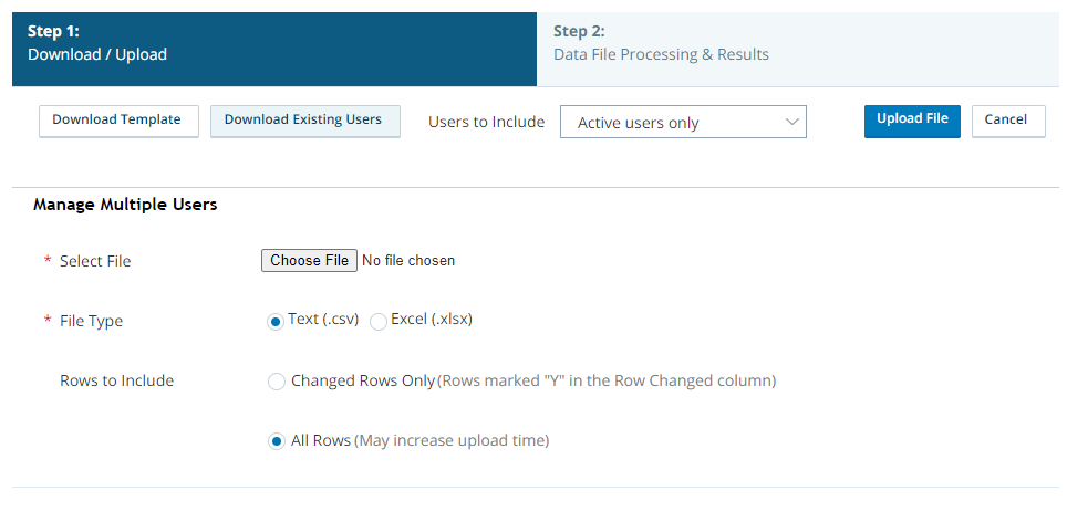 Screenshot of the Central user bulk upload page