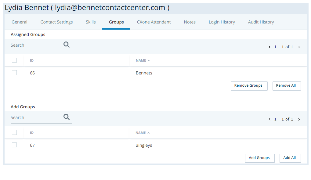Screenshot of the Groups tab in a Central user profile
