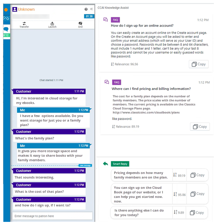 MAX is open and showing the agent assist panel open on the right side. The panel shows questions and answers that match the contact's question. 