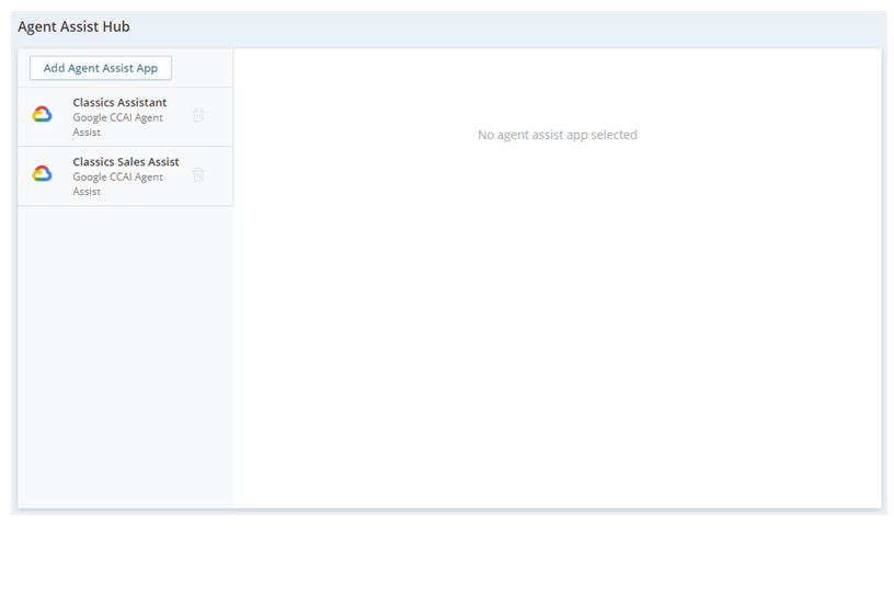 The Agent Assist Hub page in Agent Assist Hub, showing the agent assist applications that are available in your environment. 