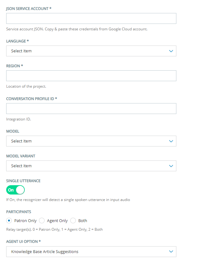 The Configuration page for adding a Google Contact Center AI agent assist bot to Agent Assist Hub.