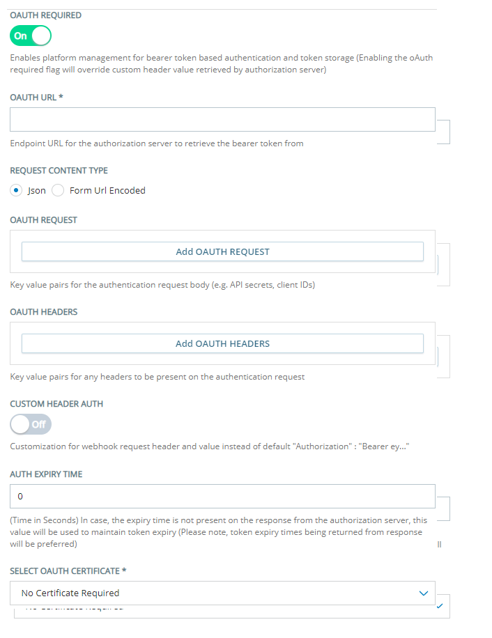 The OAuth Required section of the Custom Exchange Endpoints Configuration page, where you configure dynamic authentication with OAuth.