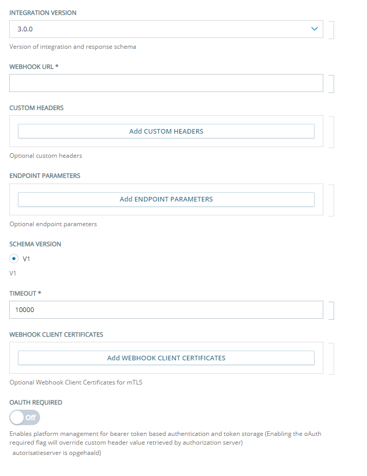 The Configuration page for adding a custom bot using custom exchange endpoints with integration version 2.0.0.