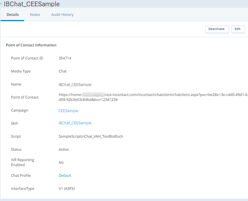 The Details tab of the point of contact created to test the sample proxy tunnel. The Point of Contact field displays the URL that invokes the script. 