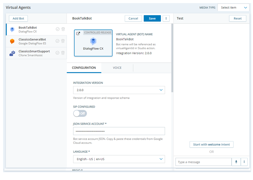 The properties page for a bot in Virtual Agent Hub showing the Test pane on the right side of the page.