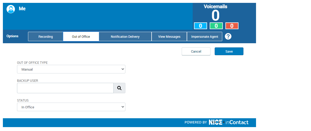 The Out of Office tab, where you can set your status to Out of Office and specify a date range for your absence, and choose a backup user to receive your calls while you are out of the office.