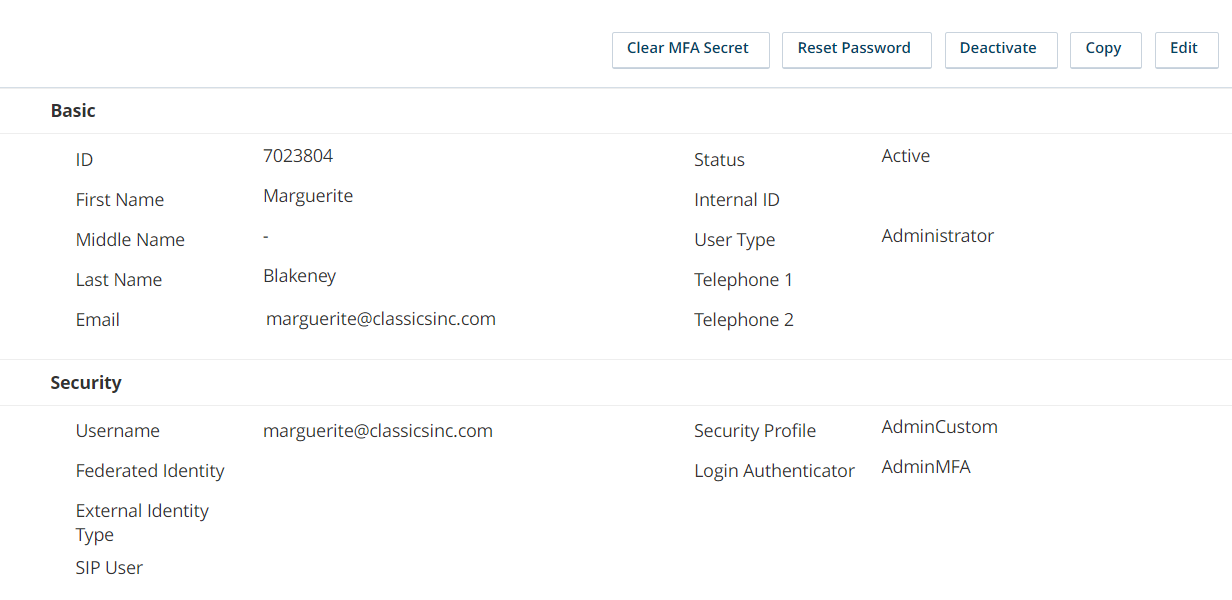 Employee record in CXone showing Clear MFA Secret button