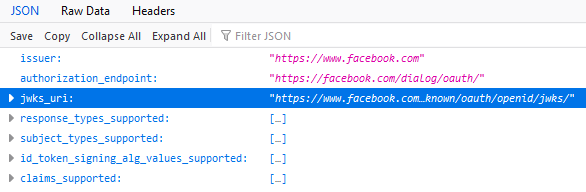 An example of the types of information returned from a discovery URL for the Facebook external identity provider. This includes the issuer, endpoint, and supported response types and claims, among others.