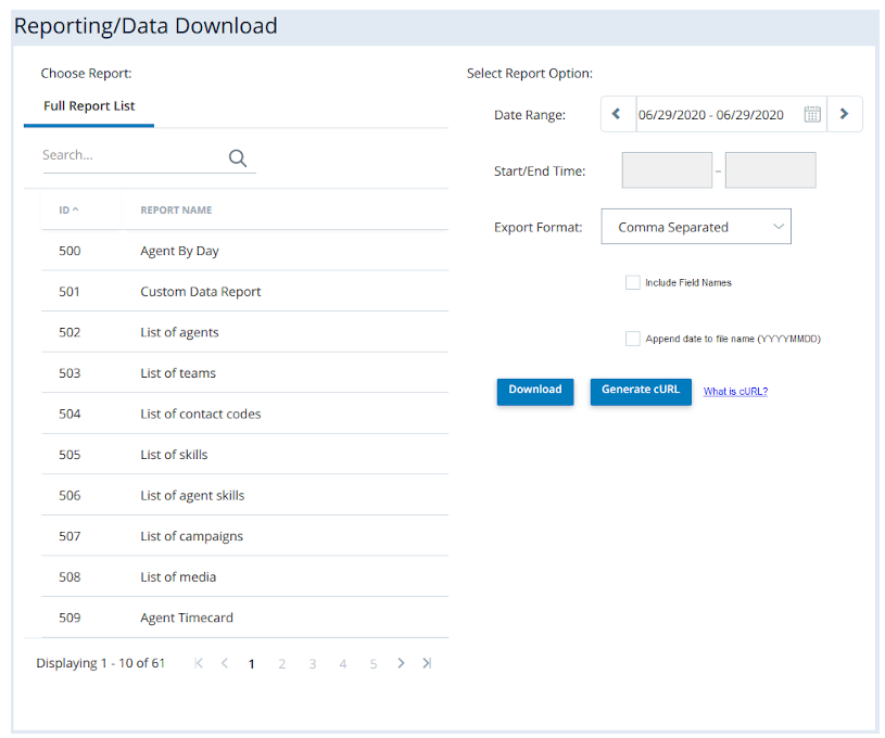 The Reporting/Data Download page, where you can choose the report you want to run and select options such as the format and the date range.