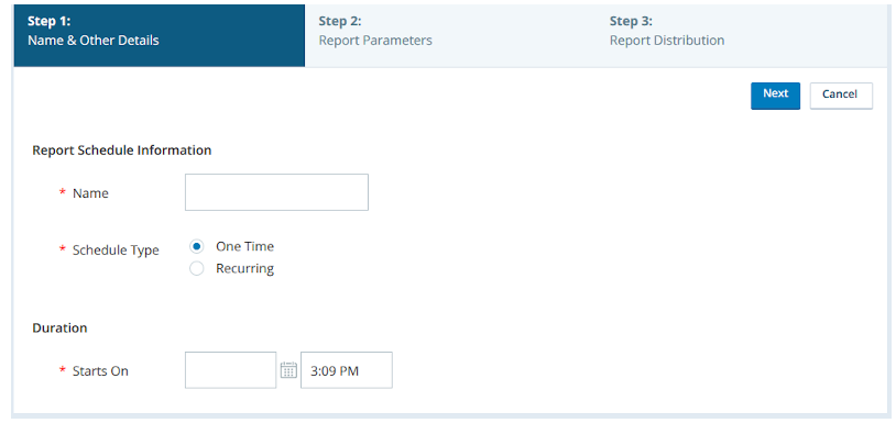 Image of data download report schedule name and other details page.