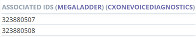 The Associated IDs table, showing associated Contact ID numbers. It also shows clickable options for Megaladder and NiCE CXone Voice Diagnostics.