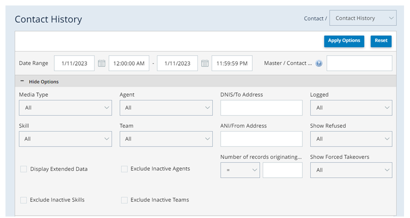 The Contact History report with Show Options expanded. Displays fields for Media Type, Agent, Skill, Team, and more.