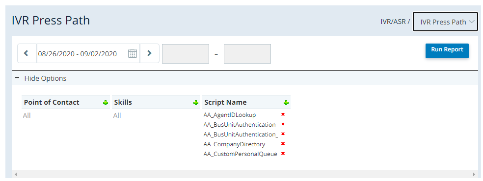 Screenshot of the IVR Press Path report, with a date range selector, options to select poitns of contact, skills, and script names, and a Run Report button.