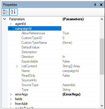 The Misc > Parameters section of the action Properties tab, showing the expanded details of an action property. 