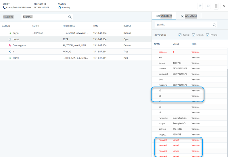 The script trace showing the spawn parameters no longer in the script and the values in newVar1 etc.