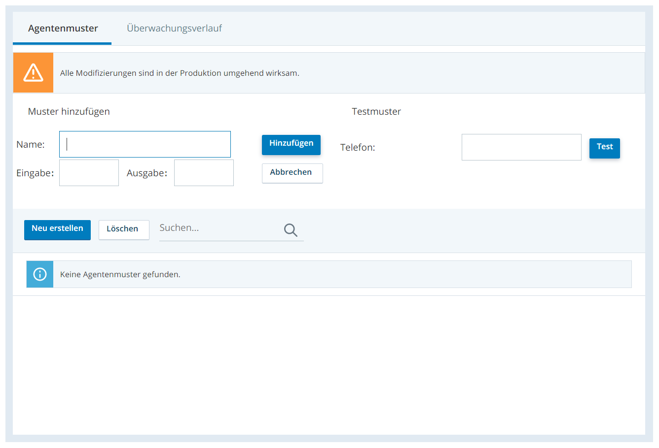 Screenshot mit der Erstellung von Agentenmustern